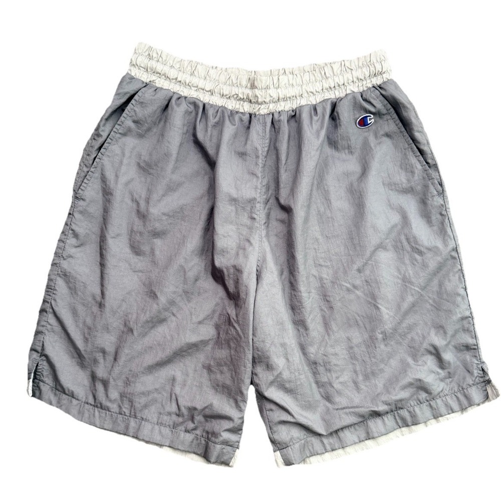 Champion Men's Medium Nylon Crinkle Baggy Shorts Gray/White 9.5'' inseam